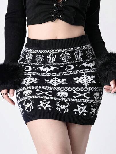 Goth Gothic Skull Intarsia Knit Bodycon Mini Skirt, Suitable For Winter & Christmas