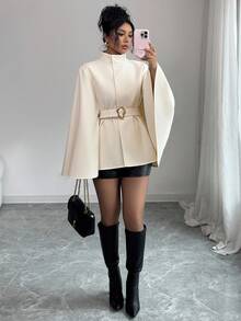 Elenzga Áo khoác ngoài thanh lịch cổ đứng màu trơn tay lửng cho nữ, mùa thu/đông - Màu be - Xem 4