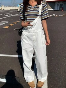 DAZY 女式宽松全白牛仔背带裤，秋季 - 白色 - 查看 5