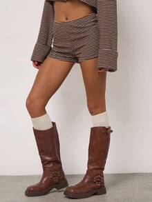 SHEIN BAE Women's Autumn And Winter Casual Striped Slim Low-Rise Cute Shorts,Suitable For Autumn Going Out, Girlfriend Party, Thanksgiving, Club, Hot Girl Shorts, Knitted Shorts, Women's Autumn Clothing, Casual Wear,Brown Shorts,Thanksgiving Outfits For Women,Christmas Clothes