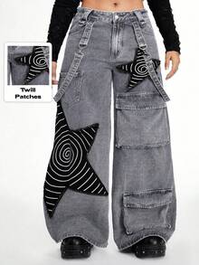 ROMWE Grunge Punk Plus Size Women Punk Distressed Washed Star Patch Loose Cargo Wide Leg Pants - Light Grey - View 2