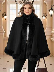 SHEIN CURVE+ Ropa de mujer talla grande de Navidad/Ropa de otoño para mujer/Ropa de invierno para mujer talla grande - Capa de lana sólida con pelaje