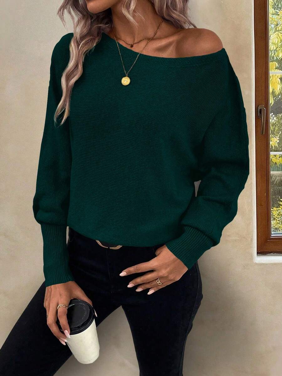 EMERY ROSE Casual Solid Color Batwing Sleeve Sweater, Autumn/Winter - Dark Green - View 1