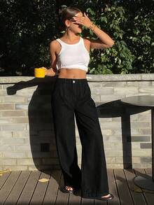 Livesso Women's Loose Casual Pleated Straight Leg Jeans,Back To School Clothes - Black - View 4