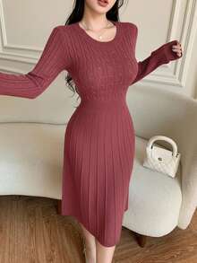 Modelyn Vestido de cuello redondo de manga larga con trenzado elegante de mujer - Burdeos - Ver 4
