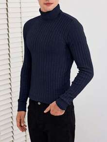 EURMUSE 男士纯色高领长袖修身毛衣，秋冬 - 藏蓝色 - 查看 6