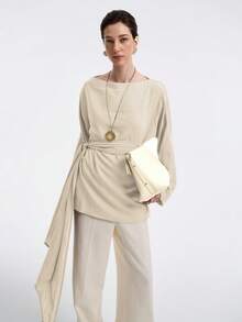 Aalyst Áo sơ mi dài tay vải lanh chéo phong cách đường phố, đi làm, đi chơi, đi học, thường ngày, trễ vai, dáng chữ A, thắt eo, mùa xuân/thu/đông - Màu be - Xem 3