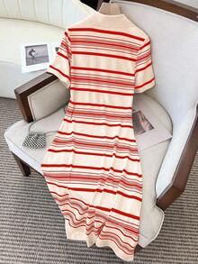 INAWLY Váy ngắn tay kẻ sọc thường ngày cho nữ - Đỏ - Xem 2