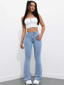 SHEIN PETITE 休闲水洗修身喇叭牛仔裤 - 淺色水洗藍 - 查看 4