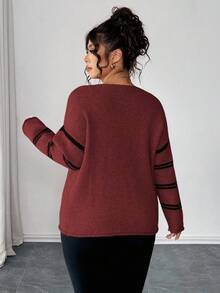 Elenzga Christmas Plus Size Women Sweater, Knitted Hollow Out Ribbed Hem Colorblock Striped Long Sleeve Pullover Casual Versatile Sweater - Burgundy - View 2