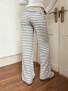 SHEIN EZwear 女士休闲低腰条纹拉绒抽绳腰部瑜伽宽松裤，舒适居家穿着，秋冬 - 黑與白 - 查看 2