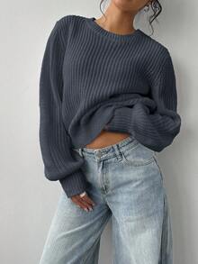 SHEIN BASICS Women's Casual Solid Color Sweater, Autumn/Winter,Cozy Fall And Winter Clothes For Women,Fall,Fall Clothes For Women - Dark Grey - View 5