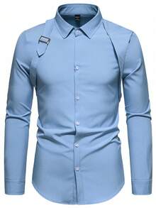 Calvornis Men's Solid Color Button Design Casual Commuter Long Sleeve Business Formal Shirt, Sky Blue