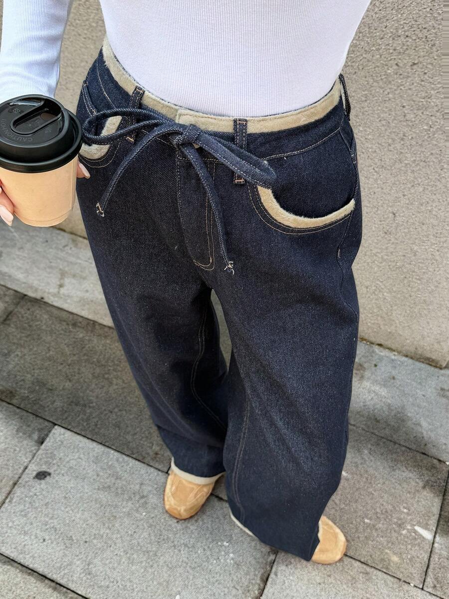 Vivie Lora 女款寬鬆拼接對比色下擺牛仔褲校園風 - 藍色 - 查看 1