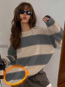 DAZY Striped Loose Fit Long Sleeve Crew Neck Sweater For Women