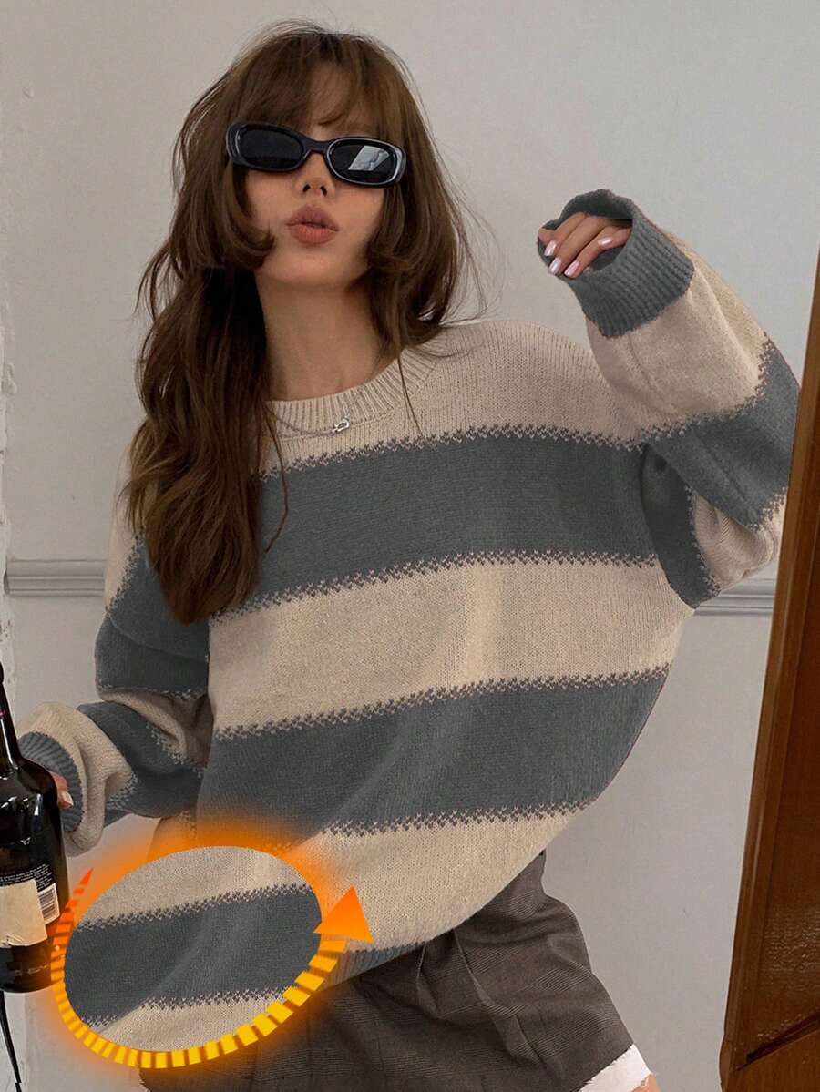 DAZY Striped Loose Fit Long Sleeve Crew Neck Sweater For Women