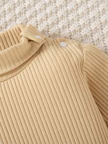 SHEIN Vintaside Kids 新生兒嬰兒羅紋針織連身衣套裝 2件組 長袖高領純色按扣短版連身褲 基本內搭 秋冬款 多色 - 彩色 - 查看 4