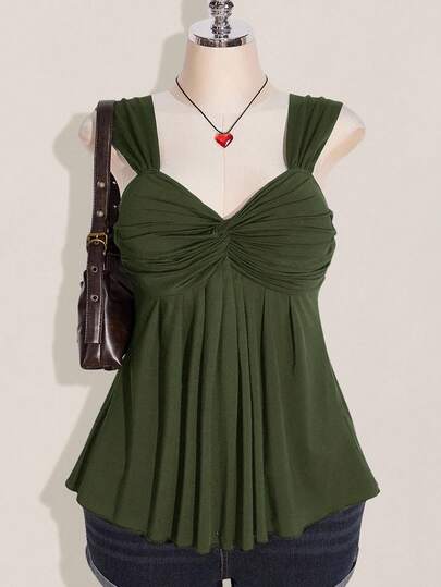 SHEIN ICON Plus Size Women's Black Twist Front Sleeveless Babydoll Knit Top, Y2K Style, Suitable For Graduation/Back To School Season, Summer Cute Tops