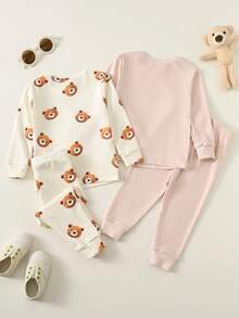 SHEIN Bộ đồ ngủ 4 món cho bé trai, áo len cổ tròn tay dài họa tiết gấu hoạt hình mềm mại và quần dài cạp chun - Nhiều màu - Xem 4