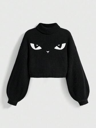 Goth Maglione girocollo nero gotico scuro, misterioso, con ricamo di gatto
