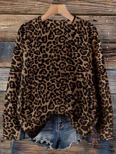 EMERY ROSE Suéter de cuello redondo de manga larga con estampado de leopardo para mujer de talla grande, informal para otoño/invierno. Blusa con estampado de guepardo, blusa con estampado animal, suéter para mujer, pullover con estampado de leopardo