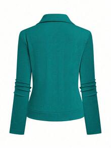 SHEIN LUNE Áo khoác mô tô thường ngày có khóa kéo bằng vải kết cấu có cổ ve áo - Màu xanh ngọc - Xem 3