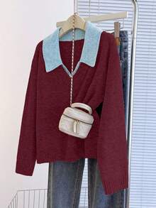 Franclia Áo len dài tay cổ chữ V 2 trong 1, Thu/Đông - Màu Đỏ Sâu - Xem 3
