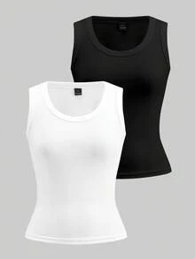 Tseoso 2pcs Women Casual Crew Neck Tank Top Set, Versatile For Daily Wear, 95% Cotton, Suitable For All Seasons Indoor And Outdoor, Vintage, Cute Summer Tops, Softgirl, Summer Outing Items, Home, Back To School, Fall Women Clothes, Versatile, - Multicolor - View 11