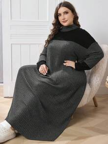 Lacomfia Đầm Maxi Dài Tay Cổ Cao Xòe Phối Màu Tương Phản Cho Nữ Size Lớn, Dáng Rộng, Mùa Thu, Thường Ngày, Áo Thun, Mặc Hàng Ngày - Xám - Xem 1