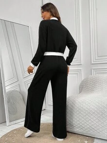 EMERY ROSE Bộ 2 món áo khoác và quần dài khóa kéo phía trước màu tương phản mùa thu dành cho nữ - màu đen - Xem 2