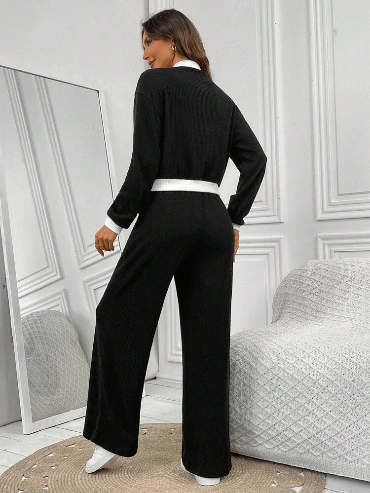 Women's Autumn Contrast Color Zip Front Jacket And Pants Casual 2 Pieces Set  Elegant Women's Set  Casual Sets For Women Fall Clothes For Women Autumn Outfits For Women