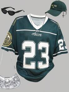 Girlism Tween Girls V-Neck Short T-Shirt, Loose Short Sleeve Contrast Color T-Shirt, Suitable For Spring/Summer Street, All-Match Everyday, Sports, Back To School, Vacation, School Style, Easter, Music Festival, Graduation, Family Gathering Jersey Teen Jersey Boy Jersey Girl Jersey Jersey Shirts