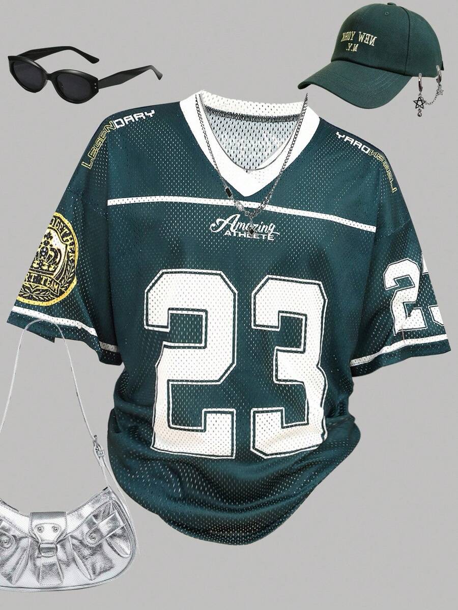 Girlism Tween Girls V-Neck Short T-Shirt, Loose Short Sleeve Contrast Color T-Shirt, Suitable For Spring/Summer Street, All-Match Everyday, Sports, Back To School, Vacation, School Style, Easter, Music Festival, Graduation, Family Gathering Jersey Teen Jersey Boy Jersey Girl Jersey Jersey Shirts