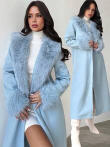 Firerie Áo khoác len pha trộn thanh lịch, tinh tế, lãng mạn, thời trang hàng ngày dành cho nữ, cổ lông và cổ tay áo tương phản, màu xanh nhạt, dài vừa phải, mặc vào mùa thu/đông - Màu xanh nhạt - Xem 2