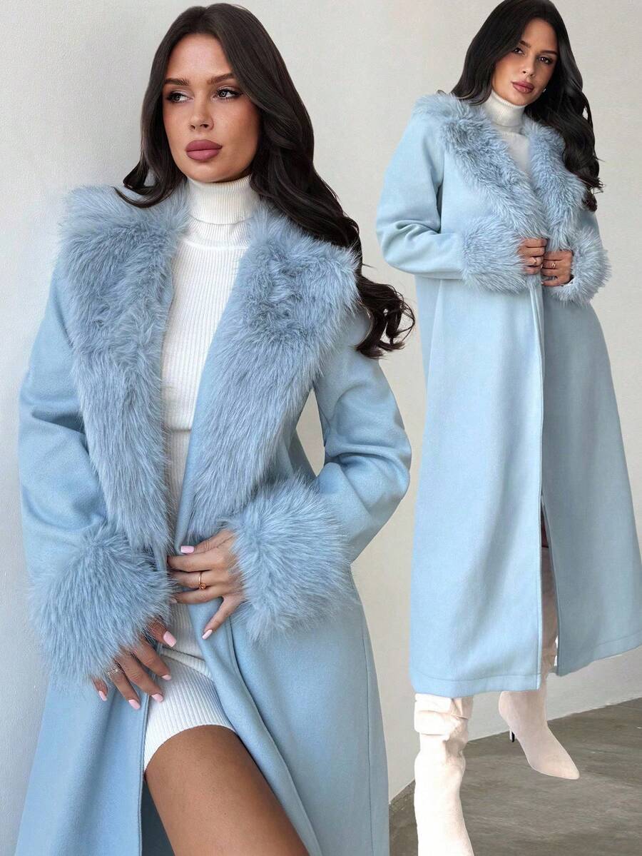 Firerie Áo khoác len pha trộn thanh lịch, tinh tế, lãng mạn, thời trang hàng ngày dành cho nữ, cổ lông và cổ tay áo tương phản, màu xanh nhạt, dài vừa phải, mặc vào mùa thu/đông