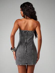 MISSGUIDED Women's Studded Bandeau Denim Mini Dress - Strapless Bodycon Party Club Night Out Rhinestone Embellished - Black - View 2