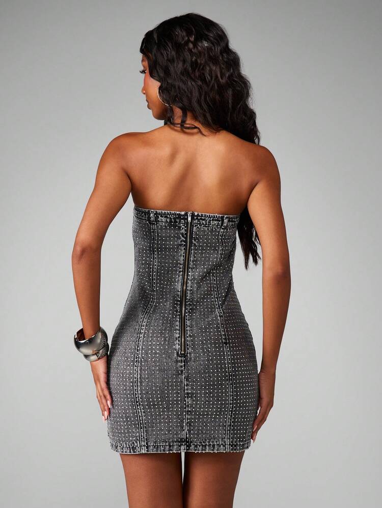 MISSGUIDED Women's Studded Bandeau Denim Mini Dress - Strapless Bodycon Party Club Night Out Rhinestone Embellished