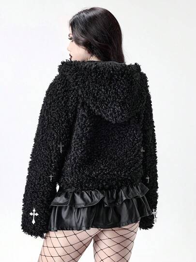 Goth Veste décontractée pour femmes à manches longues avec fermeture éclair et décor en croix