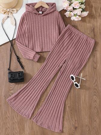 SHEIN Tween Girls' Spring/Summer Solid Color Hooded Long Sleeve Top And Flared Pants Casual 2-Piece Setholiday,Summer,Travel,Getaway