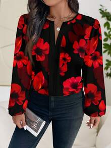 Reflora 大码女式印花V领灯笼袖优雅衬衫 情人节 - 彩色 - 查看 5