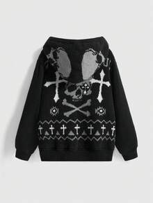 ROMWE Grunge Punk Sudadera con capucha de punto con esqueleto estilo Punk Y2K para mujer - Negro - Ver 1