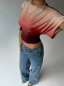 Aloruh T-shirt décontracté court plissé à manches courtes chauve-souris, col rond dégradé pour femmes - Multicolore - Voir 5