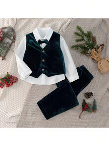 Loomiva 男童三件套服装：蝴蝶结领长袖开衫、无袖背心、松紧腰裤套装 - 彩色 - 查看 1