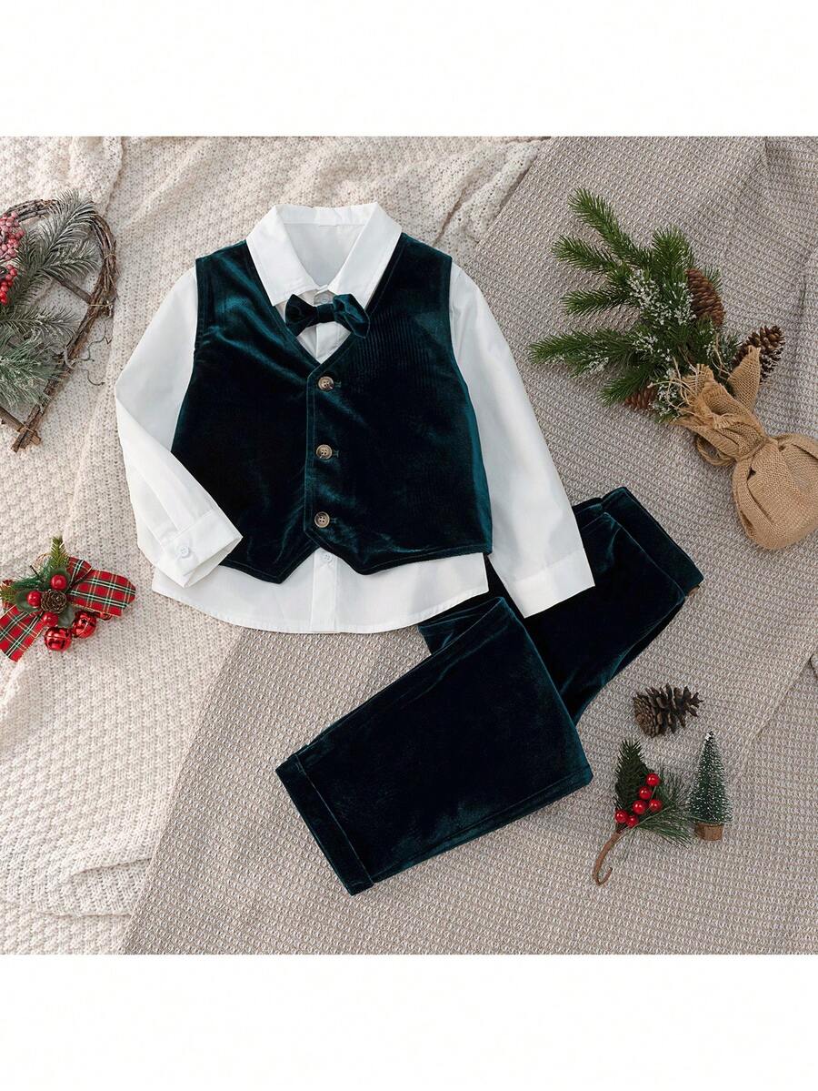 Loomiva 男童三件套服装：蝴蝶结领长袖开衫、无袖背心、松紧腰裤套装 - 彩色 - 查看 1