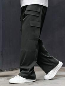 Manfinity Homme Men Plus Size Solid Color Drawstring Cargo Pants With Pocket, Casual Style, Fall - Grey - View 4