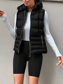 RueChic Zip Up Hooded Puffer Vest Coat - Black - View 5