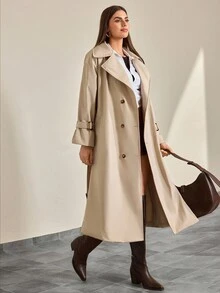 CLARA VERO FRENCHY 经典系带风衣 - 双排扣轻薄长款翻领夹克，经典米色外套，适合春秋季节，简约巴黎街头风格，优雅日常叠穿单品，适合 Z 世代，中性色调干净女孩的审美外观 - 米色 - 查看 5