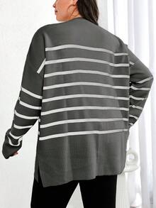 EURMUSE Plus Size Striped Pattern Drop Shoulder Sweater - Grey - View 2