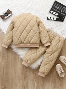 SHEIN 2pcs Toddler Infant Baby Boys Casual Stand Collar Long Sleeve Quilted Bomber Jacket And Pants Set, Letter Decor, Autumn/Winter, Baby Baseball Uniform, Baby Clothing, Infant Outfit, 6M-3T Fall