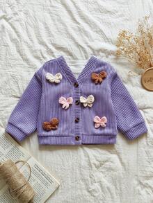 SHEIN Vintaside Kids Áo khoác cardigan dệt kim 3D nhiều màu thoải mái cho bé gái, đa năng cho mùa xuân, thu, đông, thích hợp mặc hàng ngày, trong nhà, ngoài trời và du lịch, đi học - Màu tím - Xem 3